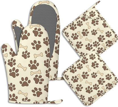 Dog Bone Paw Print Pot Holders and Oven Mitts Set Silicone Cute Animal Paws Kitchen Gloves Potholders Heat Resistant Washable,Chef Cooking Baking Gifts for Women Men Bakers Lover Cooks