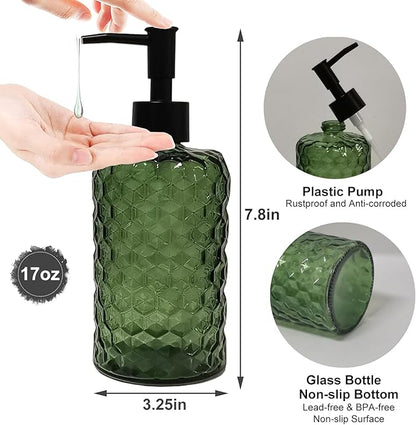 Green Glass Soap Dispenser with Plastic Pump, 17oz Hand Soap Dispenser for Kitchen & Bathroom, Great for Lotions, Essential Oil, Liquid Soaps