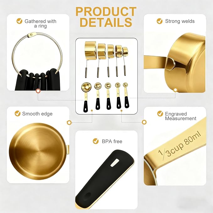 Bopei Measuring Cups and Spoons Set, Gold Electroplated Stainless Steel 10 Piece for Cooking and Baking (5 Cups + 5 Spoons Gold) - Image 3