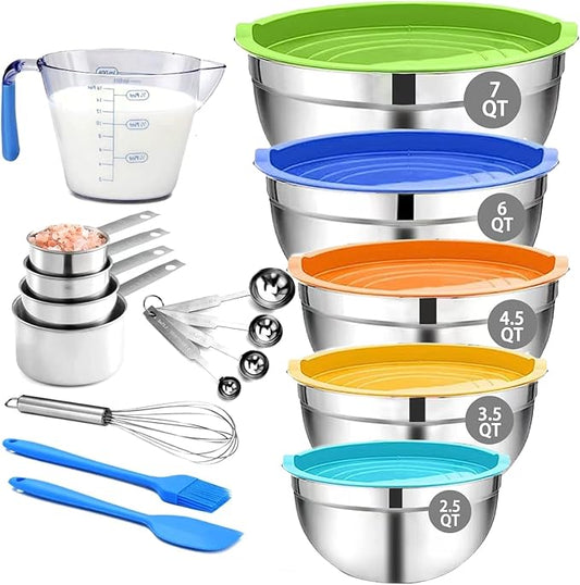 MIKULA Mixing Bowls Set, 22PCS Large Stainless Steel Mixing Bowl with Lids Set, Large Nesting Bowls 7/6/4.5/3.5/2.5QT, Measuring Cups and Spoons Baking Storage Metal Bowl for Kitchen Prep Supplies by MIKULA