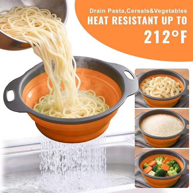 2 Pack Collapsible Silicone Colander with Handle, Over Sink Foldable Food Strainer, BPA-Free Space Saving Drain Basket for Vegetables, Fruits, Pasta, Kitchen & Camping (Orange) - Image 4