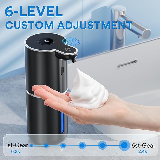 Automatic Foaming Soap Dispenser Touchless, Rechargeable Electric Hand ＆ Dish Soap Dispenser for Bathroom and Kitchen - Smart Digital Display, 6 Adjustable Level, 380ml, Wall Mounted, IPX5