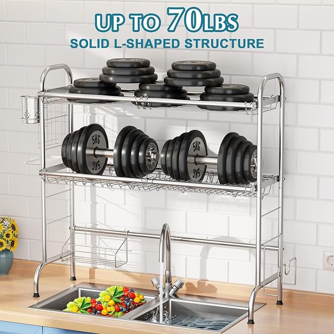 HOWDIA Stainless Steel 2-Tier Over The Sink Dish Drying Rack with Utensil Holder, Large, for Kitchen Counter - Image 6