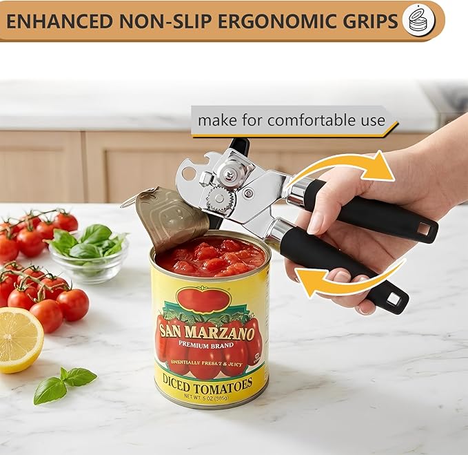 Can Opener Manual Heavy Duty - Hand Held Strong Can Openers for Seniors with Oversized Turn Knob, Soft Grip Sharp Blade, Solid Steel Hand Manual Can Open for Kitchen & Camping