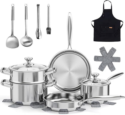 Meythway Pots and Pans Set Non Toxic, 16PCs Stainless Steel Cookware Set with Steamer, Kitchen Induction Cookware with Utensil Sets, Pot Protectors and Apron For Oven & Dishwasher Safe