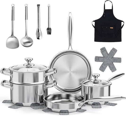 Meythway Pots and Pans Set Non Toxic, 16PCs Stainless Steel Cookware Set with Steamer, Kitchen Induction Cookware with Utensil Sets, Pot Protectors and Apron For Oven & Dishwasher Safe