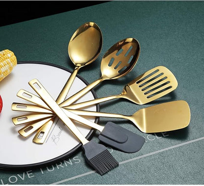 Gold Cooking Spoons, Berglander 6 Pieces Spatula Set Stainless Steel, Metal Spatula, Serving Spoon, Kitchen Tools Set Non-Stick And Heat Resistant, Dishwasher Safe, Easy to Clean (6 Packs) - Image 4