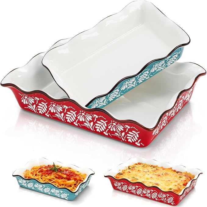 2 Pack Ceramic Baking Dishes, Large Rectangular Casserole Dish Lasagna Pan for Oven, Nonstick Deep Serving Dishes Roaster Bakeware Sets for Cooking, Home, Kitchen by Acshio