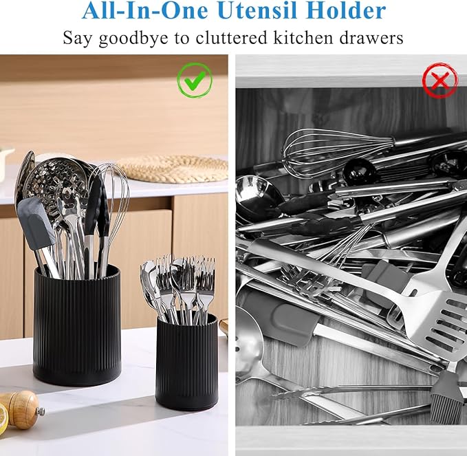 Kyraton Cooking Utensils Holder 2pcs, 360° Rotating Heavy Duty Plastic Kitchen Utensil Holder for Countertop, The Small Utensil Crock for Cutlery Silverware, Tooth Brush, Desk Pencil Pen - Image 7