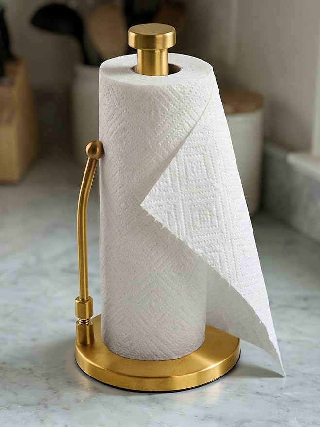 SMARTAKE Paper Towel Holder, Paper Towel Dispenser Standing Weighted Base Non Slip, Spring Arm Fit Most Size Paper Roll, Stainless Steel Kitchen Roll Stand for Home Kitchen Countertop Tabletop, Gold - Image 9