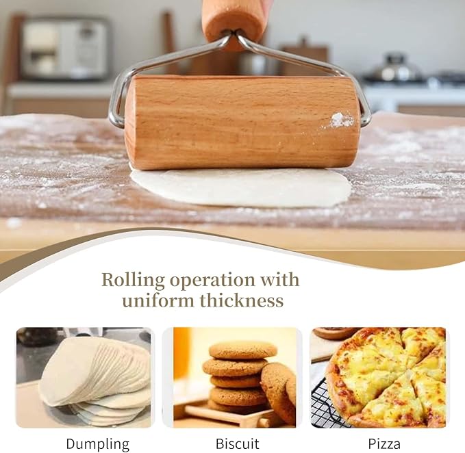 Stainless Steel & Beechwood Rolling Pin with Adjustable Thickness - Ergonomic Dumpling/Pasta Maker、Pizza, Kitchen Tool for Home Chefs, Dishwasher Safe & Rustproof Design (Y) - Image 4