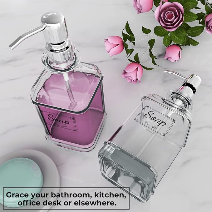 GLADPURE Soap Dispenser - 2 Pack, 18 Oz Antique Design Thick Glass Hand Soap Dispensers; with 304 Rust Proof Stainless Steel Pump, 6Pcs Clear Stickers, for Kitchen, Bathroom - Silver - Image 5