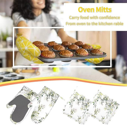 Sage Green Eucalyptus Oven Mitts Watercolor Butterfly Leaves Pot Holders Cooking Apron Set of 5 Silicone Kitchen Glove Apron Non-Slip Heat Resistant for Chef Baking Cooking Grilling BBQ
