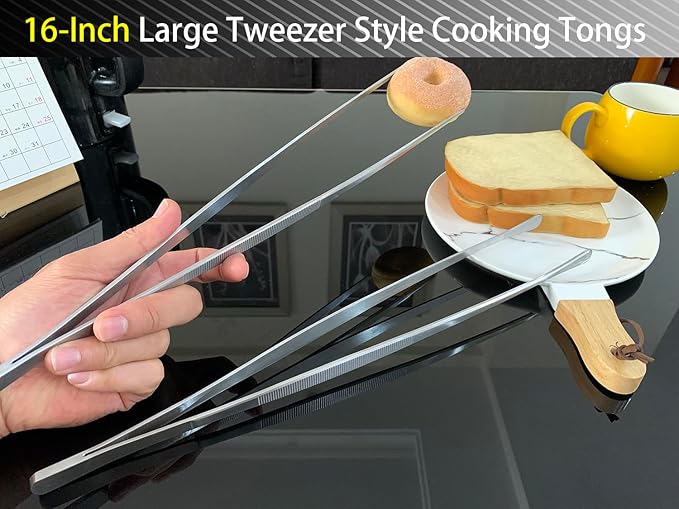 JETKONG 2 Pcs 16'' Tweezer Tongs, Extra Large Food Tweezers, Extra Long Kitchen Tweezers for Cooking Repairing and BBQ (16-Inch, Silver) - Image 5