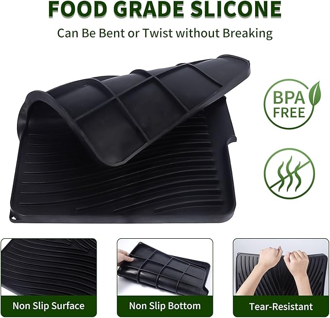 Silicone Dish Drying Mat 16x13,Food-Grade Silicone,Easy Clean Pad for Countertop Protection,Heat Resistant,Easy Clean,Non-Slip Drain Pad with Built-in Drain,Multi-Functional Use,Black - Image 3