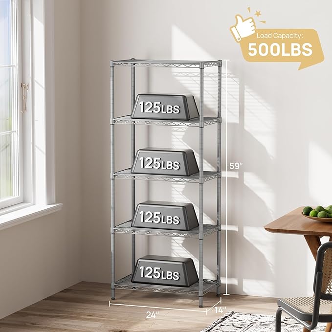SINGAYE 5 Tier Storage Garage Shelving Units Heavy Duty Wire Shelves Pantry Metal for Pantry Closet Kitchen Laundry Bathroom Organizers Shelf Home Shorage Gray - Image 4