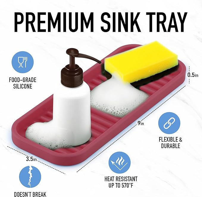 Zulay Kitchen (9x3.5) Silicone Sponge Holder for Kitchen Sink - Flexible Multipurpose Soap Tray - Sink Organizer for Kitchen, Bathroom, Makeup, Trinkets & More (Wine Red) - Image 2