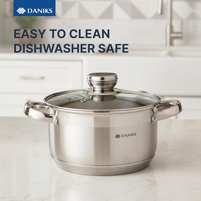 Daniks Standard 3 Quart Stainless Steel Stock Pot with Glass Lid, Tri-Ply Bottom for Even Heating, Induction Compatible, Dishwasher Safe, Built-In Measuring Scale, Silver