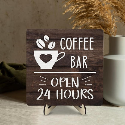 Coffee Bar Sign Plaque Decor, Vintage Farmhouse Kitchen Counter Sign for Coffee Station Kitchen Office,Cafe Bar Accessories, Open 24 Hours Mini Bar Decor(Brown4, 5.9x5.9inches) - Image 5