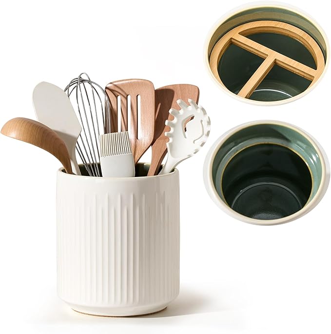 JIEMEI HOME Kitchen Utensil Holder, 7.2" Large Ceramic Stable Utensil Crock for Countertop, Utensil Organizer with Cork Mat, Removable Bamboo Divider for Easy, Kitchen Decor, White & Green by JHJIEMEIHOME
