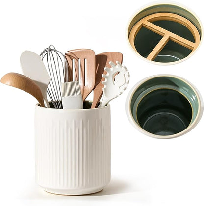 JIEMEI HOME Kitchen Utensil Holder, 7.2" Large Ceramic Stable Utensil Crock for Countertop, Utensil Organizer with Cork Mat, Removable Bamboo Divider for Easy, Kitchen Decor, White & Green by JHJIEMEIHOME