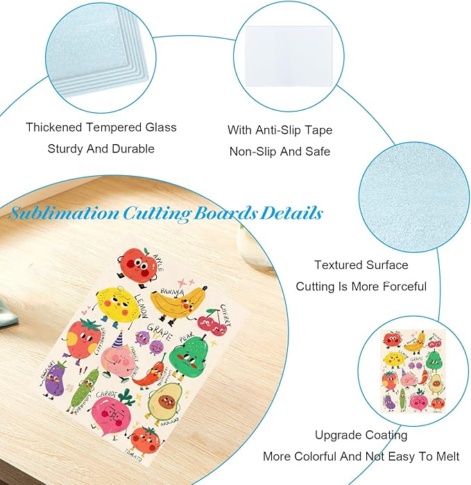 6 Pcs Sublimation Cutting Board Blanks, Textured Tempered Glass Cutting Boards For Kitchen, Anti Slip Chopping Board For Countertop Heat Press Machine Personalized Home Decoration