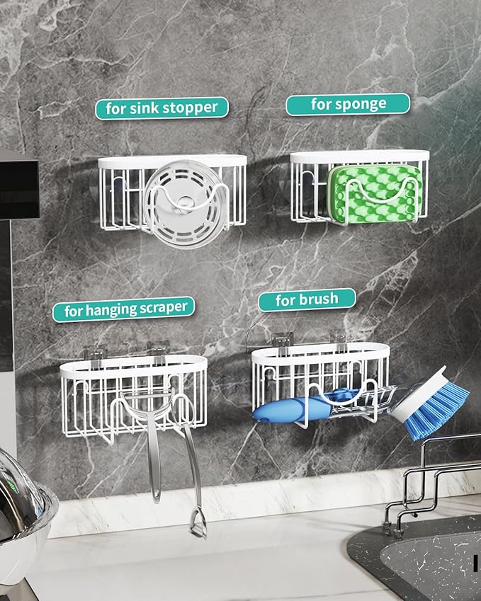 HapiRm Sponge Holder for Kitchen Sink - Sink Caddy with Unique M-Shaped, 2 Installation Methods Kitchen Organizer, Rustproof Stainless Steel Sponge Caddy - White - Image 2
