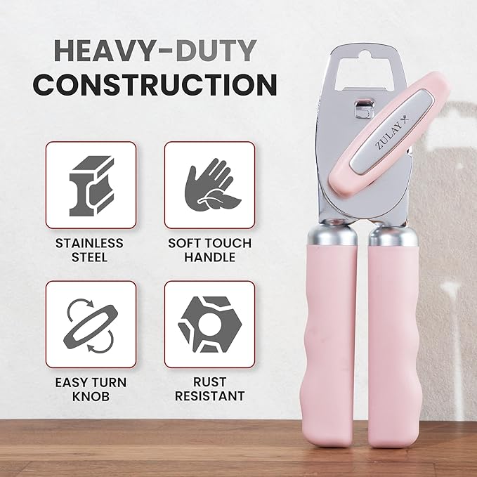 Zulay Kitchen Heavy Duty Stainless Steel Can Opener Manual with Bottle Opener - Rust Proof Manual Can Opener With Turn Knob & Comfy Soft Grip Handles - Light Pink - Image 3