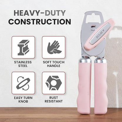Zulay Kitchen Heavy Duty Stainless Steel Can Opener Manual with Bottle Opener - Rust Proof Manual Can Opener With Turn Knob & Comfy Soft Grip Handles - Light Pink - Image 3