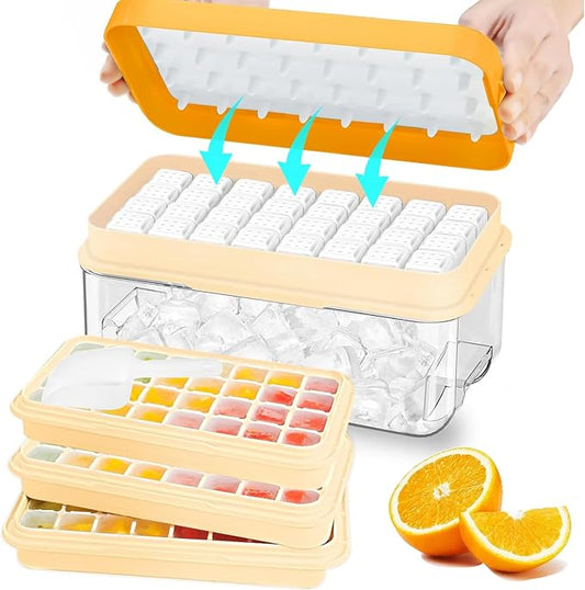 Ice Cube Tray, Ice Tray with Lid and Bin and Ice Scoop, Ice Cube Pop Out Tray, Ice Cube Trays for Freezer, Ice Cube Molds, BPA Free, Easy Release Stackble Spill-Resistant (Orange 3 Tier)