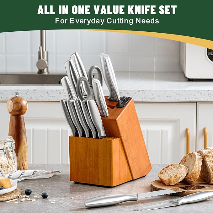 Knife Set, EWFEN 14-Piece Kitchen Knife Set with Block, German Stainless Steel Knives with Built-in Knife Sharpener, Anti-Slip Sharp Knives Set for Kitchen, Dishwasher Safe, Concave-dotted Handle - Image 3