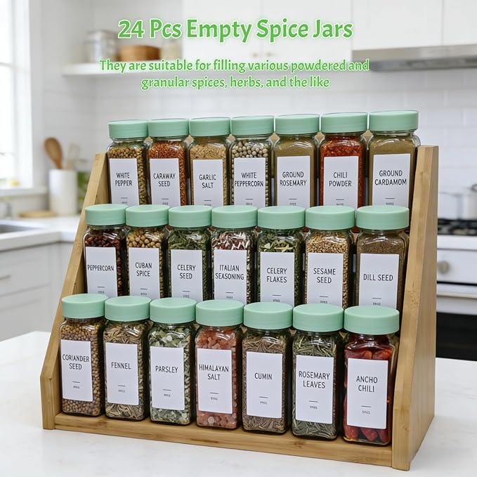 Spice Jars with Labels - 24 Glass Spice with Shaker Lids & Airtight Plastic Caps - 4oz Complete Seasoning Containers Organizer Set for Cabinet, Drawer & Rack (Light Green) - Image 2