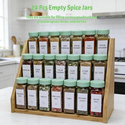 Spice Jars with Labels - 24 Glass Spice with Shaker Lids & Airtight Plastic Caps - 4oz Complete Seasoning Containers Organizer Set for Cabinet, Drawer & Rack (Light Green) - Image 2