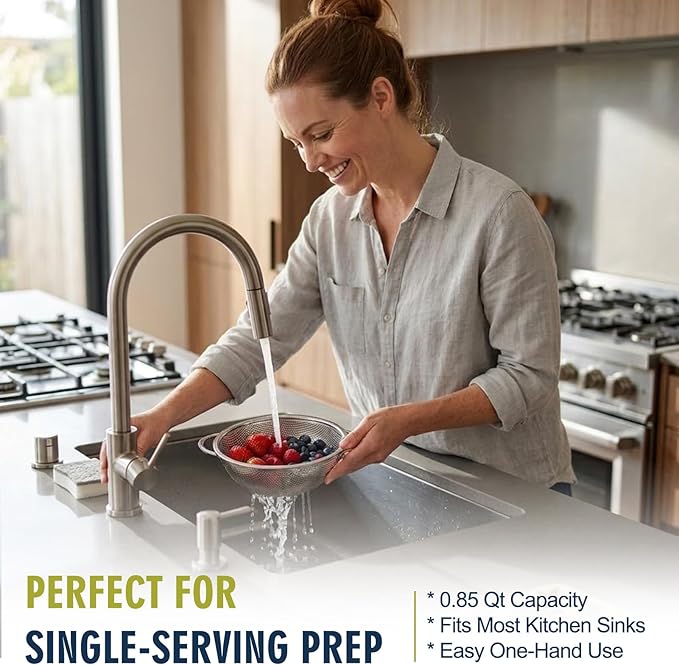 Palksky Small Colander Set of 2, 800 mL / 0.85 Qt Stainless Steel Mini Colanders with Riveted Handles, Footed Base & Micro-Perforations, Metal Kitchen Strainers for Berries, Fruits, Vegetables & Pasta