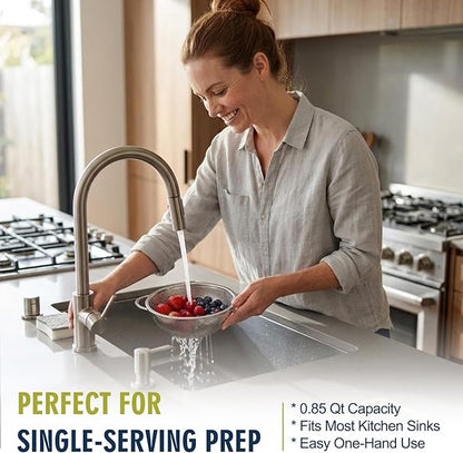 Palksky Small Colander Set of 2, 800 mL / 0.85 Qt Stainless Steel Mini Colanders with Riveted Handles, Footed Base & Micro-Perforations, Metal Kitchen Strainers for Berries, Fruits, Vegetables & Pasta