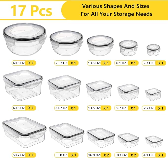 34 PCS Food Storage Container with Lid (17 Lids & 17 Containers) - Reusable Plastic Food Containers for Kitchen Storage and Organization BPA-Free Leakproof Meal Prep Container with Labels & Pen - Image 2
