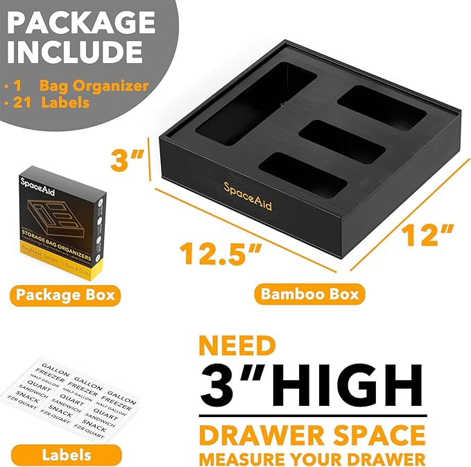 SpaceAid Bag Storage Organizer for Kitchen Drawer, Bamboo Organizer, Compatible with Gallon, Quart, Sandwich and Snack Variety Size Bag (1 Box 4 Slots), Black - Image 3