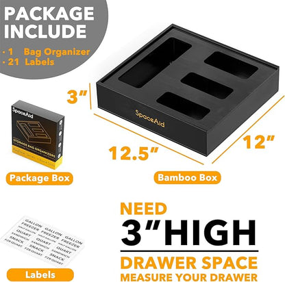 SpaceAid Bag Storage Organizer for Kitchen Drawer, Bamboo Organizer, Compatible with Gallon, Quart, Sandwich and Snack Variety Size Bag (1 Box 4 Slots), Black - Image 3