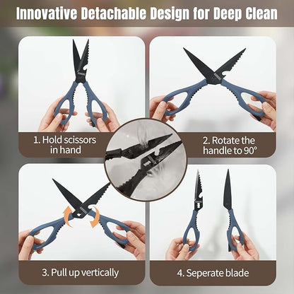 Kitchen Scissors All Purpose, Extra Sharp Kitchen Shears with Knife Sharpener & Sheath, Solid & Durable Stainless Steel Scissors with ANTI-RUST Black Titanium Plated, Dishwasher Safe - Blue