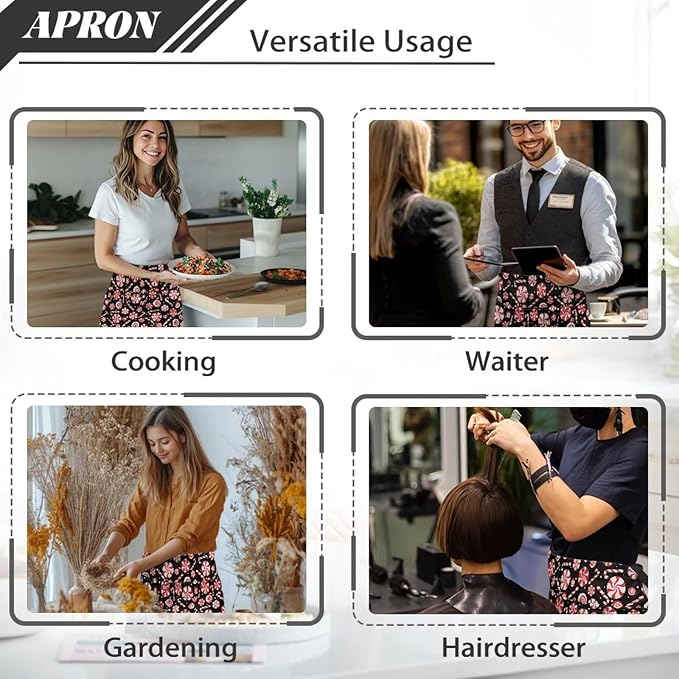 Server Apron with 3 Pockets, Waterproof Oil Waitress Waiter Half Apron for Restaurant Hotel Kitchen Cafe