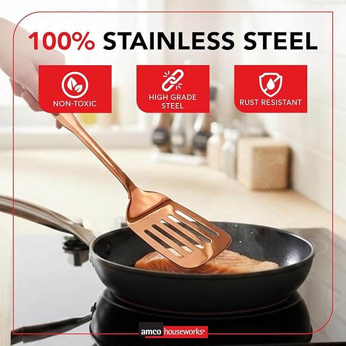 Amco 5-Piece Stainless Steel Cooking Utensil Set, Copper Finish - Includes Kitchen Ladle, Slotted Turner, Skimmer, Solid Spoons - 14" with Hanging Holes for Easy Storage, Durable Kitchen Gadgets - Image 3