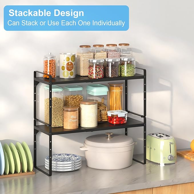 15.5 to 25.5 Inch Kitchen Cabinet Shelf Organizers, Adjustable Kitchen Counter Shelf Organizer, Set of 3 Expandable Countertop Storage Shelves, Stackable Design, 30LBS Heavy Duty, Space Saver - Image 6