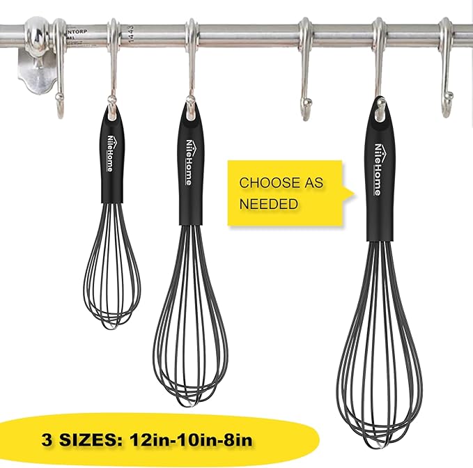NileHome Silicone Whisk Set 8" 10" 12" Kitchen Whisk Kitchen Wisk Wire Whisks for Cooking, Whisking, Blending, Beating, Stirring-Black 3 Pack - Image 2