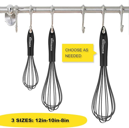 NileHome Silicone Whisk Set 8" 10" 12" Kitchen Whisk Kitchen Wisk Wire Whisks for Cooking, Whisking, Blending, Beating, Stirring-Black 3 Pack - Image 2