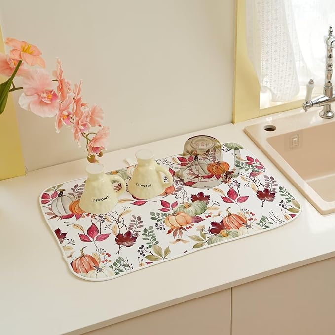 Fall Autumn Dish Drying Mat 18 x 24 inch Thanksgiving Pumpkin Maple Leaf Flower Decorative Drying Mats Microfiber Absorbent Dish Washable Draining Mat for Kitchen Counter Decor