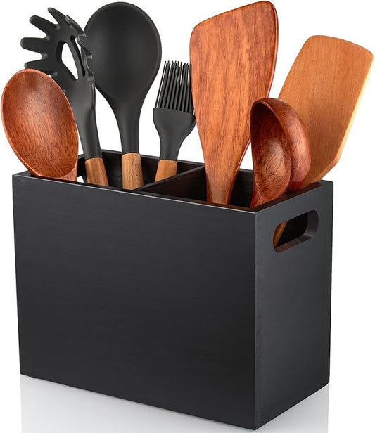 ALELION Black Utensil Holder for Kitchen Counter - 2 Compartment Large Utensil Caddy Organizer for Countertop - Kitchen Tool Holder for Spatula Ladles by ALELION