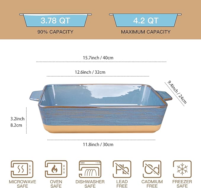 Dafuceramic Casserole Dish for Oven, 4.2 QT Baking Dish, 9x13 Large Porcelain Baking Pan, Durable Rectangular Lasagna Pan Deep with Handles, Microwave Oven Safe, Home Decor, Wedding Gift, (Khaki & Blue) - Image 2