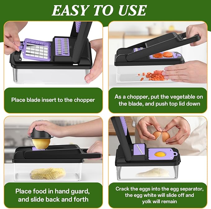 HomeHacks Vegetable Chopper Vegetable Cutter, 12 in 1 Kitchen Gadget, Dicer, Slicer, Onion Cutter, Salad, Cheese Grater & Egg Separator - Multi-Functional Veggie Chopper Lid with Handle (Purple) - Image 6