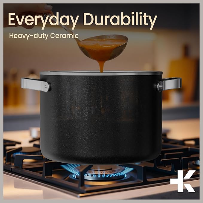 Bakken 5 Quart Ceramic Coated Stock Pot with Lid, Easy to Clean Nonstick Pot, Tempered Glass Lid, Riveted Stainless Steel Handles, Oven Safe Up To 500°F, PTFE & PFAS Free, All Stove Compatible, Black - Image 7