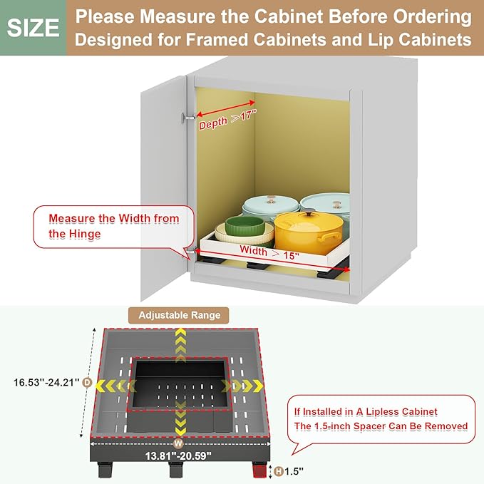 Pull out Cabinet Organizer,Expandable Width(15"-21") and Depth(17"-24") with 3 Rails,Roll out Drawers,No Drill Adjustable Slide out Shelves for Kitchen,Pantry,for Both Lip and Lip-Free Cabinets,Black - Image 2